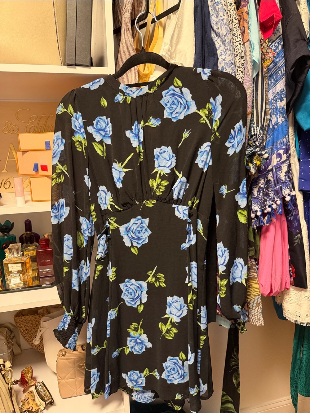Free People Black Mini Dress with Blue Rose Print
